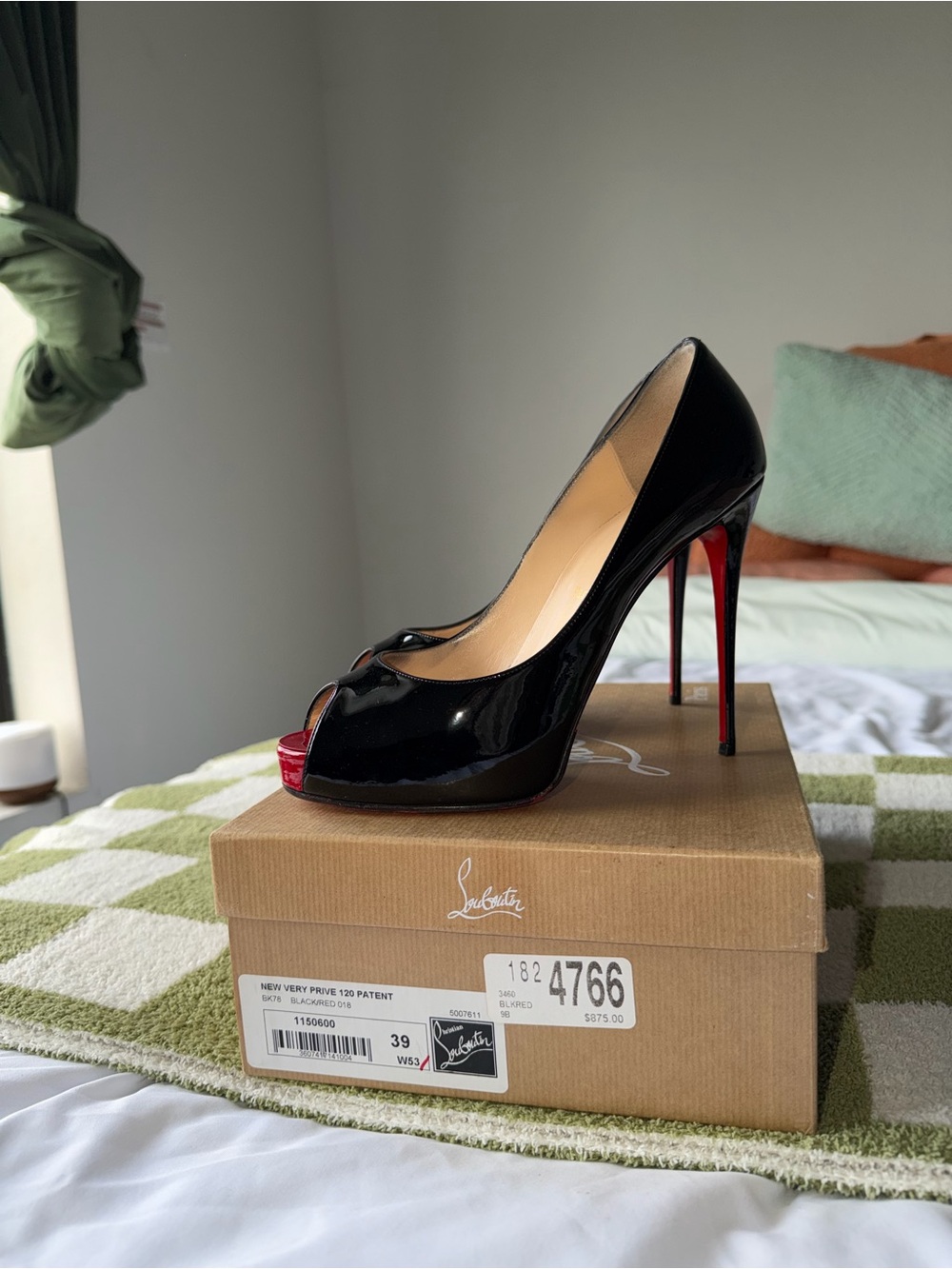 Christian Louboutin Black Patent Peep-Toe Stiletto with Red Sole Accent